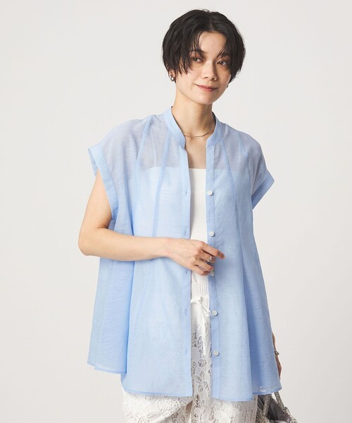 green label relaxing(グリーンレーベルリラクシング)の「ラミーライク マチフレア ショートスリーブ ブラウス 通気性(シャツ/ブラウス・レディース・ライトブルー/ブラック/ダークブラウン/オフホワイト・FREE)」の6枚目の写真