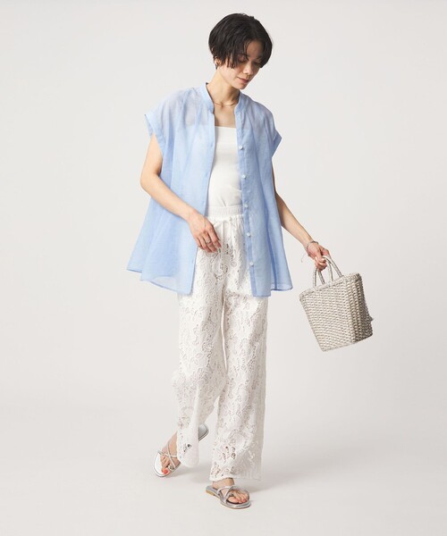 green label relaxing(グリーンレーベルリラクシング)の「ラミーライク マチフレア ショートスリーブ ブラウス 通気性(シャツ/ブラウス・レディース・ライトブルー/ブラック/ダークブラウン/オフホワイト・FREE)」の8枚目の写真