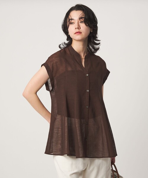 green label relaxing(グリーンレーベルリラクシング)の「ラミーライク マチフレア ショートスリーブ ブラウス 通気性(シャツ/ブラウス・レディース・ライトブルー/ブラック/ダークブラウン/オフホワイト・FREE)」の11枚目の写真