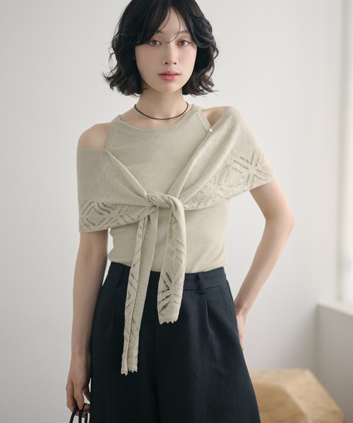 LAULEN(ローレン)の「multi way layered openwork shawl knit /レイヤードオープンワークショールニット(ニット/セーター・レディース・グレー/ベージュ/アイボリー・FREE)」の1枚目の写真