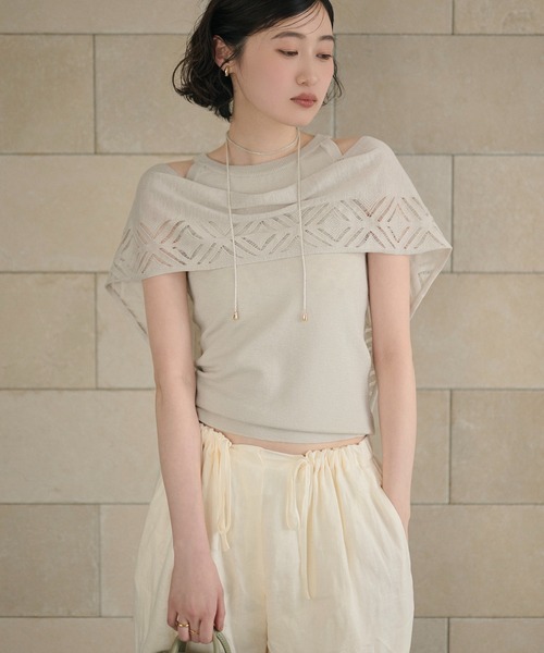 LAULEN(ローレン)の「multi way layered openwork shawl knit /レイヤードオープンワークショールニット(ニット/セーター・レディース・グレー/ベージュ/アイボリー・FREE)」の3枚目の写真