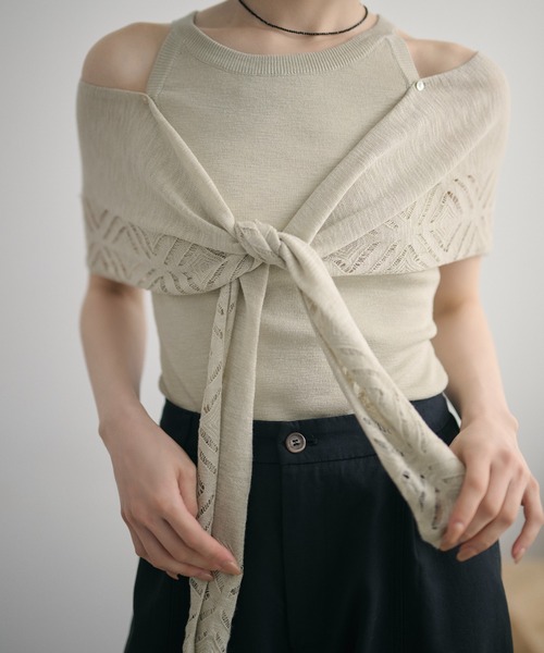 LAULEN(ローレン)の「multi way layered openwork shawl knit /レイヤードオープンワークショールニット(ニット/セーター・レディース・グレー/ベージュ/アイボリー・FREE)」の9枚目の写真