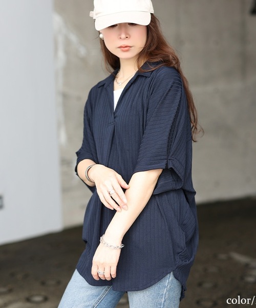 GOLDJAPAN(ゴールドジャパン)の「接触冷感&UVカットストレッチリブドルマンチュニック【大きいサイズ対応】(チュニック・レディース・グレー/ネイビー/ブラック・LL/3L/4L/5L)」の3枚目の写真