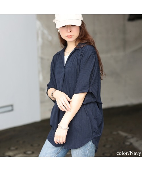 GOLDJAPAN(ゴールドジャパン)の「接触冷感&UVカットストレッチリブドルマンチュニック【大きいサイズ対応】(チュニック・レディース・グレー/ネイビー/ブラック・LL/3L/4L/5L)」の8枚目の写真