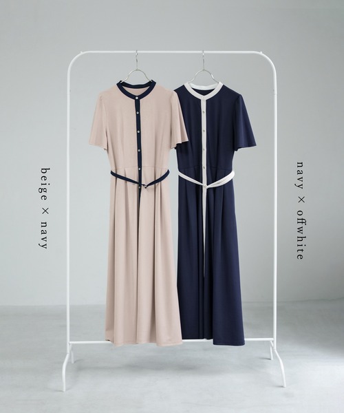WHITE JOOLA（ホワイトジョーラ）の「【 ラクしてキレイ見え 】 ライトスムースダンボール・配色パイピングワンピース（ワンピース・レディース・ネイビー/ベージュ・L/M/S）」の15枚目の写真