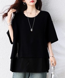 サイドジップ フェイクレイヤード 半袖Tシャツ