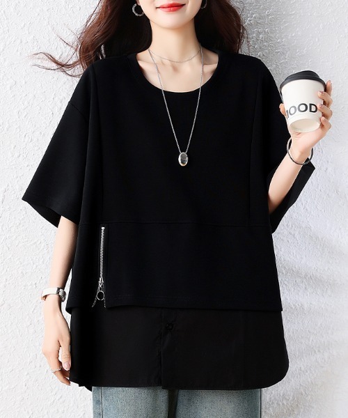 AMAJI（アマジ）の「サイドジップ フェイクレイヤード 半袖Tシャツ（Tシャツ/カットソー・レディース・ブラック・LARGE/X-LARGE/XX-LARGE）」の2枚目の写真