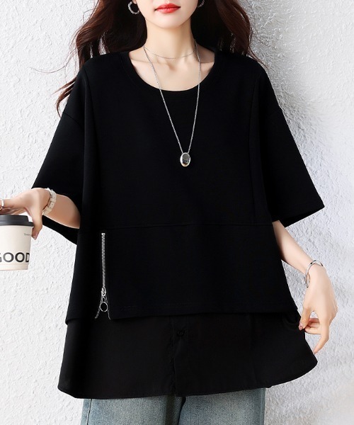 AMAJI（アマジ）の「サイドジップ フェイクレイヤード 半袖Tシャツ（Tシャツ/カットソー・レディース・ブラック・LARGE/X-LARGE/XX-LARGE）」の4枚目の写真