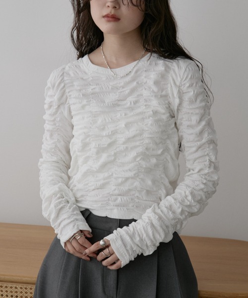 Aunt Marie's(アントマリーズ)の「シャーリングギャザートップス(Tシャツ/カットソー・レディース・チャコールグレー/ホワイト/ブラック・FREE)」の8枚目の写真
