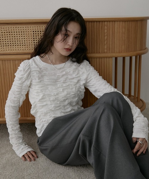 Aunt Marie's(アントマリーズ)の「シャーリングギャザートップス(Tシャツ/カットソー・レディース・チャコールグレー/ホワイト/ブラック・FREE)」の7枚目の写真