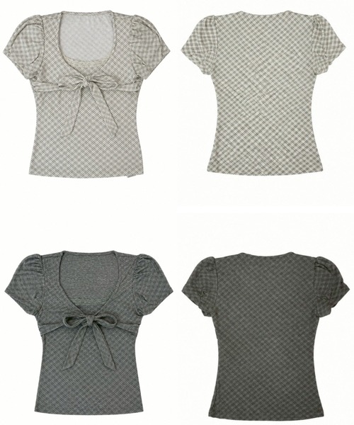 Never mind the XU / Chikashitsu+(ネバーマインド ザ エックスユー / チカシツプラス)の「【nmtc+】French Ribbon Check Top (2color) / 【エヌエムティーシープラス】フレンチリボンチェック半袖クロップドトップス(Tシャツ/カットソー・レディース・アイボリー/チャコール・ONE SIZE)」の18枚目の写真