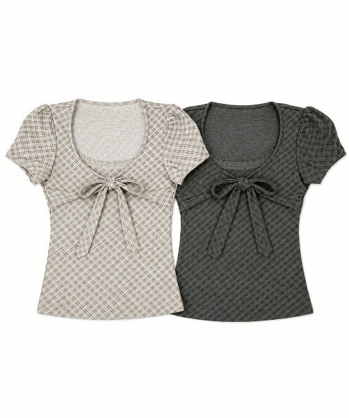 Never mind the XU / Chikashitsu+(ネバーマインド ザ エックスユー / チカシツプラス)の「【nmtc+】French Ribbon Check Top (2color) / 【エヌエムティーシープラス】フレンチリボンチェック半袖クロップドトップス(Tシャツ/カットソー・レディース・アイボリー/チャコール・ONE SIZE)」の19枚目の写真