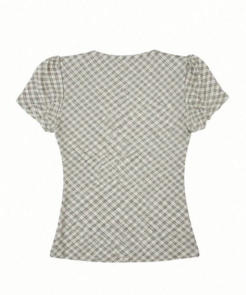 Never mind the XU / Chikashitsu+(ネバーマインド ザ エックスユー / チカシツプラス)の「【nmtc+】French Ribbon Check Top (2color) / 【エヌエムティーシープラス】フレンチリボンチェック半袖クロップドトップス(Tシャツ/カットソー・レディース・アイボリー/チャコール・ONE SIZE)」の3枚目の写真