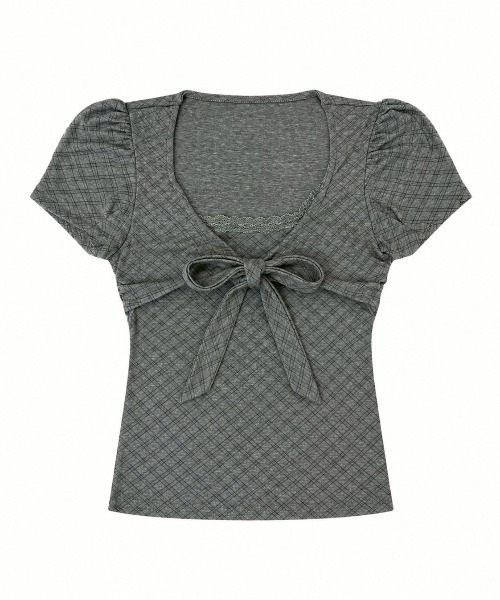 Never mind the XU / Chikashitsu+(ネバーマインド ザ エックスユー / チカシツプラス)の「【nmtc+】French Ribbon Check Top (2color) / 【エヌエムティーシープラス】フレンチリボンチェック半袖クロップドトップス(Tシャツ/カットソー・レディース・アイボリー/チャコール・ONE SIZE)」の20枚目の写真