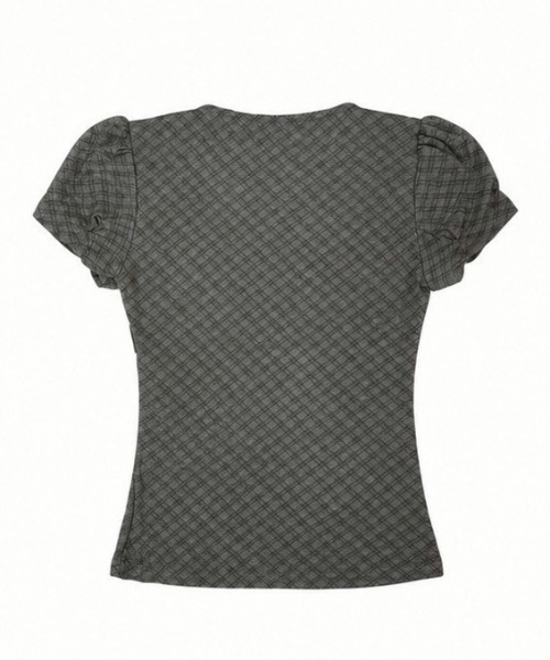 Never mind the XU / Chikashitsu+(ネバーマインド ザ エックスユー / チカシツプラス)の「【nmtc+】French Ribbon Check Top (2color) / 【エヌエムティーシープラス】フレンチリボンチェック半袖クロップドトップス(Tシャツ/カットソー・レディース・アイボリー/チャコール・ONE SIZE)」の21枚目の写真