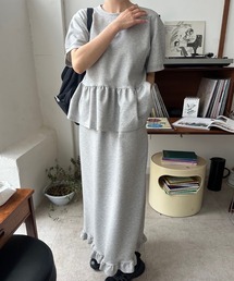 【セットアップ】ペプラム半袖カットソー&フリル裾ロングスカート