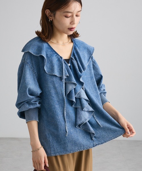 Рубашка с рукавом-риб — Denim Frill blouse (sleeve rib denim frill)
