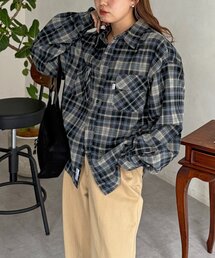 配色ロゴレーヨン混チェックシャツ