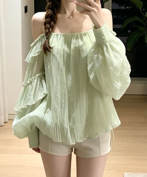 FLINEA（フリネア）の「ボートネックフリルシフォンブラウス（シャツ/ブラウス・レディース・ホワイト/グリーン・FREE）」の6枚目の写真