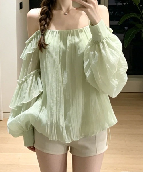 FLINEA（フリネア）の「ボートネックフリルシフォンブラウス（シャツ/ブラウス・レディース・ホワイト/グリーン・FREE）」の7枚目の写真