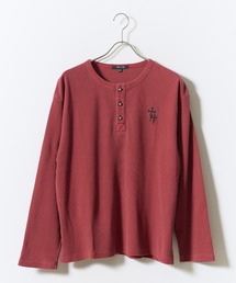 ワンポイント刺繍ワッフルヘンリーネックロンT Tシャツ 長袖 ピグメント加工 ワッフル生地 カジュアル y2K グランジ ストリート メンズ レディース 2026年 秋 秋服 冬 冬服