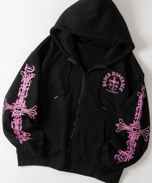 JOHN'S CLOSET(ジョンズクローゼット)の「【a】別注 クロスモチーフ フルジップパーカー ショート丈/セットアップ展開 病み系/グランジ/Y2K(パーカー・レディース・ホワイト/ブラック系2/ブラック系1・LARGE/MEDIUM/FREE)」の1枚目の写真