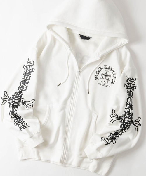 JOHN'S CLOSET(ジョンズクローゼット)の「【a】別注 クロスモチーフ フルジップパーカー ショート丈/セットアップ展開 病み系/グランジ/Y2K(パーカー・レディース・ホワイト/ブラック系2/ブラック系1・LARGE/MEDIUM/FREE)」の2枚目の写真