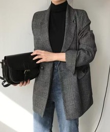 【秋冬新作】グレンチェック柄 ダブルブレストミドル丈テーラードジャケット