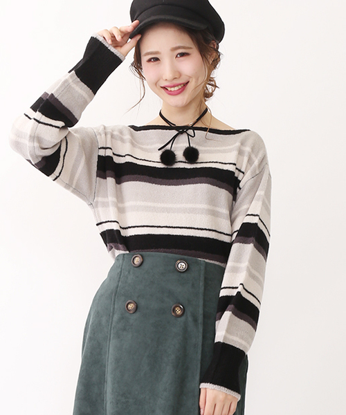 one after another NICE CLAUP（ワンアフターアナザーナイスクラップ）の「マルチボーダーニット（ニット/セーター・レディース・ブラック系その他/マスタード/ピンク・FREE）」の2枚目の写真