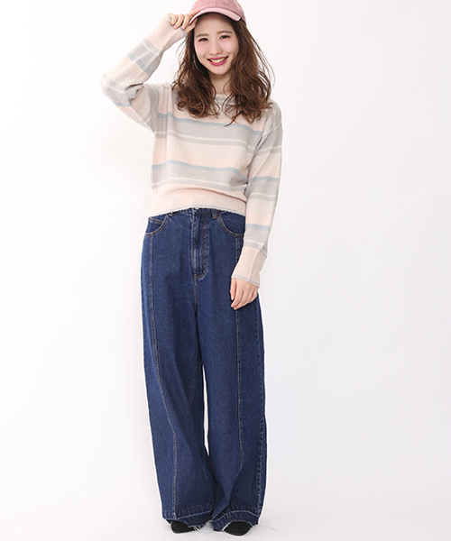 one after another NICE CLAUP（ワンアフターアナザーナイスクラップ）の「マルチボーダーニット（ニット/セーター・レディース・ブラック系その他/マスタード/ピンク・FREE）」の4枚目の写真