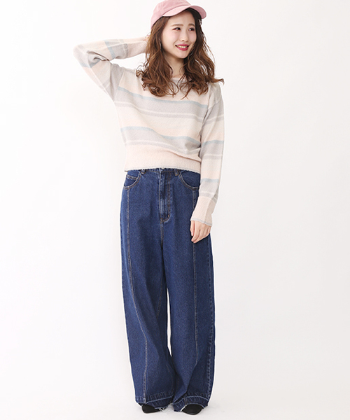 one after another NICE CLAUP（ワンアフターアナザーナイスクラップ）の「マルチボーダーニット（ニット/セーター・レディース・ブラック系その他/マスタード/ピンク・FREE）」の5枚目の写真