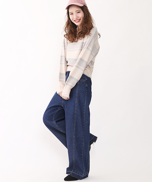 one after another NICE CLAUP（ワンアフターアナザーナイスクラップ）の「マルチボーダーニット（ニット/セーター・レディース・ブラック系その他/マスタード/ピンク・FREE）」の6枚目の写真