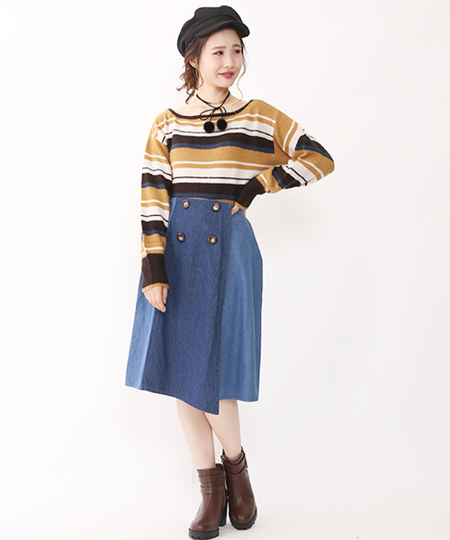 one after another NICE CLAUP（ワンアフターアナザーナイスクラップ）の「マルチボーダーニット（ニット/セーター・レディース・ブラック系その他/マスタード/ピンク・FREE）」の7枚目の写真