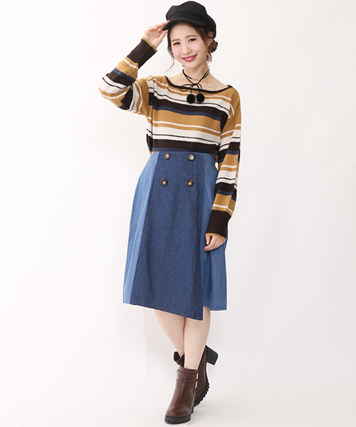 one after another NICE CLAUP（ワンアフターアナザーナイスクラップ）の「マルチボーダーニット（ニット/セーター・レディース・ブラック系その他/マスタード/ピンク・FREE）」の8枚目の写真