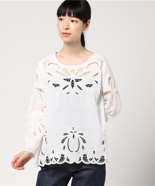 STUDIOUS SELECT(ステュディオスセレクト)の「【Dc】807317 綿ローン刺繍BL(シャツ/ブラウス・レディース・ブラック/アイボリー・FREE)」の1枚目の写真