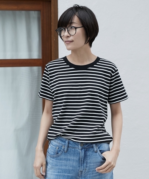 AMERICAN HOLIC（アメリカンホリック）の「・60新彊綿スムースボーダークルーネックTシャツ★（Tシャツ/カットソー・レディース・ブラック/ピンク/ブルー/杢グレー・L/M）」の2枚目の写真