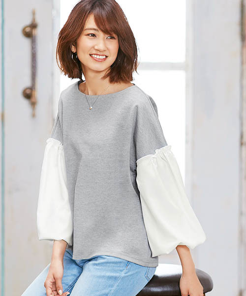 Pierrot（ピエロ）の「異素材切り替え ボリュームスリーブトップス（Tシャツ/カットソー・レディース・オフホワイト/ブラック/杢グレー・M/L）」の3枚目の写真