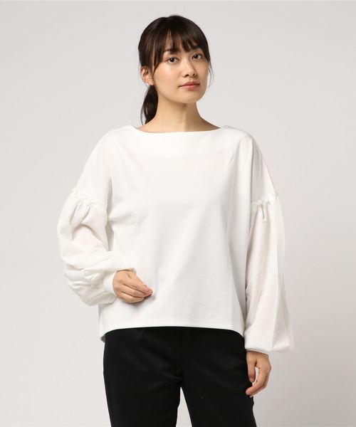 Pierrot（ピエロ）の「異素材切り替え ボリュームスリーブトップス（Tシャツ/カットソー・レディース・オフホワイト/ブラック/杢グレー・M/L）」の18枚目の写真