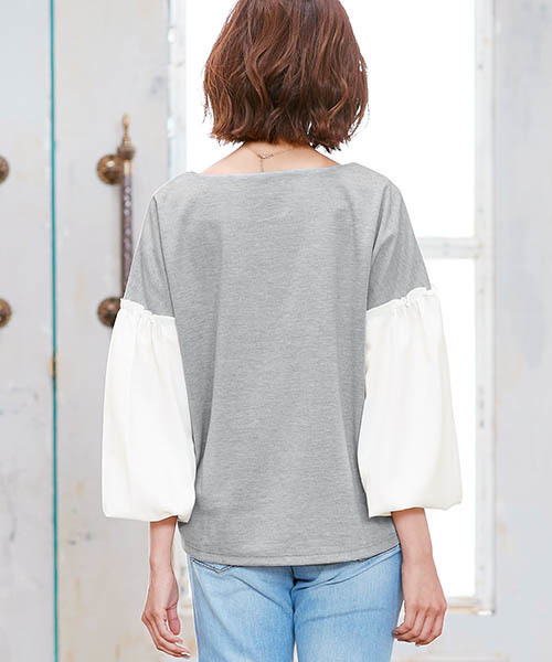 Pierrot（ピエロ）の「異素材切り替え ボリュームスリーブトップス（Tシャツ/カットソー・レディース・オフホワイト/ブラック/杢グレー・M/L）」の14枚目の写真