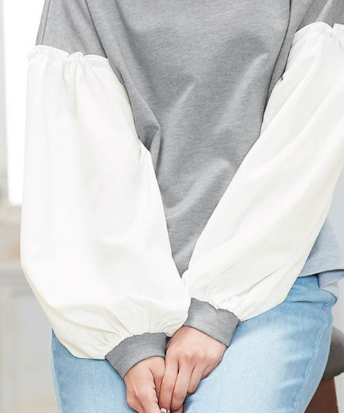 Pierrot（ピエロ）の「異素材切り替え ボリュームスリーブトップス（Tシャツ/カットソー・レディース・オフホワイト/ブラック/杢グレー・M/L）」の12枚目の写真
