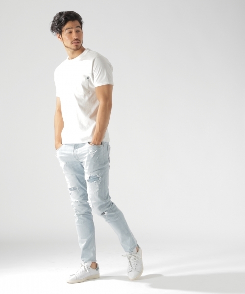 BAYFLOW(ベイフロー)の「リペアテーバードブロークンデニム 18AW(デニムパンツ・メンズ・スカイブルー/ロイヤルブルー・30inch/32inch/29inch/28inch/31inch)」の3枚目の写真