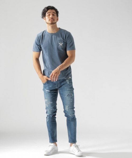 BAYFLOW(ベイフロー)の「リペアテーバードブロークンデニム 18AW(デニムパンツ・メンズ・スカイブルー/ロイヤルブルー・30inch/32inch/29inch/28inch/31inch)」の4枚目の写真