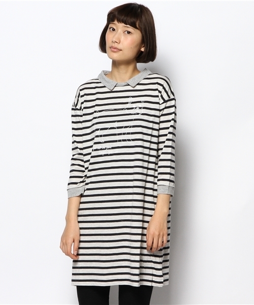 PUAL CE CIN(ピュアルセシン)の「Dogプリント衿配色OP(Tシャツ/カットソー・レディース・オートミール/ホワイト/ブルー/ライトグレー・FREE)」の1枚目の写真