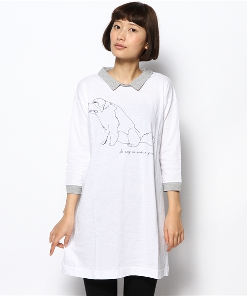 PUAL CE CIN(ピュアルセシン)の「Dogプリント衿配色OP(Tシャツ/カットソー・レディース・オートミール/ホワイト/ブルー/ライトグレー・FREE)」の2枚目の写真
