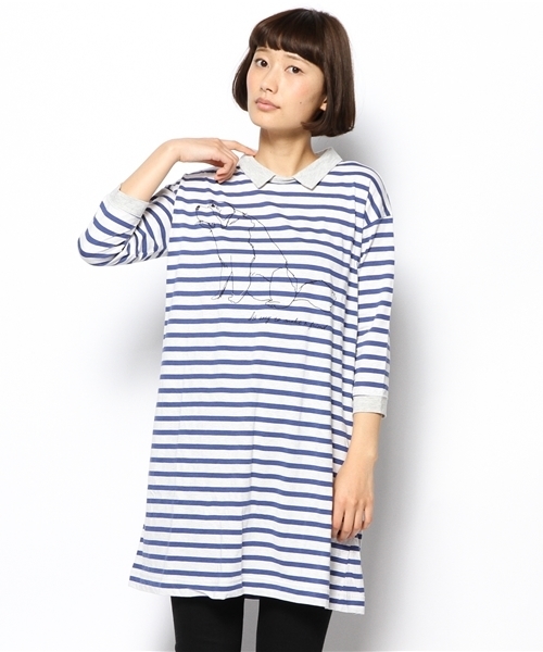 PUAL CE CIN(ピュアルセシン)の「Dogプリント衿配色OP(Tシャツ/カットソー・レディース・オートミール/ホワイト/ブルー/ライトグレー・FREE)」の4枚目の写真