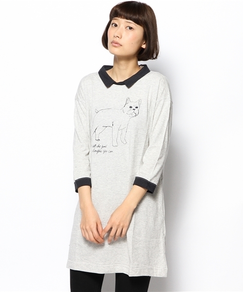 PUAL CE CIN(ピュアルセシン)の「Dogプリント衿配色OP(Tシャツ/カットソー・レディース・オートミール/ホワイト/ブルー/ライトグレー・FREE)」の3枚目の写真