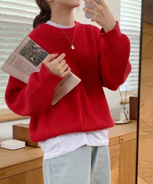 ABITOKYO（アビトーキョー）の「クルーネック　リブニットプルオーバー（ニット/セーター・レディース・ベージュ/パープル/ネイビー/ブラウン/レッド/ピンク/イエロー/ブルー/ライトグリーン/ライトピンク・FREE）」の10枚目の写真