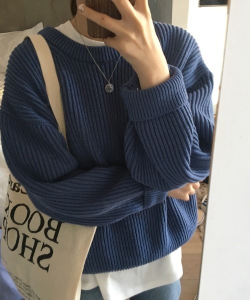 ABITOKYO（アビトーキョー）の「クルーネック　リブニットプルオーバー（ニット/セーター・レディース・ベージュ/パープル/ネイビー/ブラウン/レッド/ピンク/イエロー/ブルー/ライトグリーン/ライトピンク・FREE）」の5枚目の写真