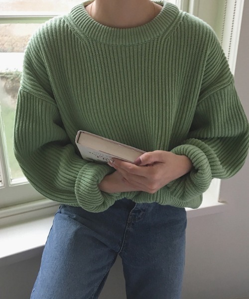 ABITOKYO（アビトーキョー）の「クルーネック　リブニットプルオーバー（ニット/セーター・レディース・ベージュ/パープル/ネイビー/ブラウン/レッド/ピンク/イエロー/ブルー/ライトグリーン/ライトピンク・FREE）」の3枚目の写真