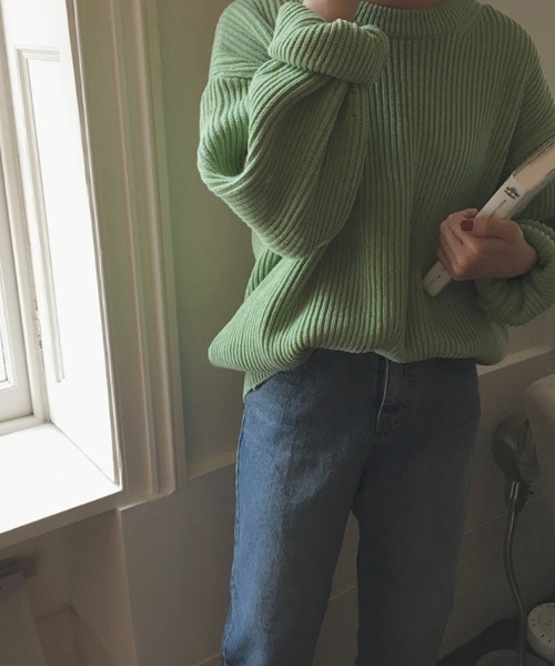 ABITOKYO（アビトーキョー）の「クルーネック　リブニットプルオーバー（ニット/セーター・レディース・ベージュ/パープル/ネイビー/ブラウン/レッド/ピンク/イエロー/ブルー/ライトグリーン/ライトピンク・FREE）」の14枚目の写真